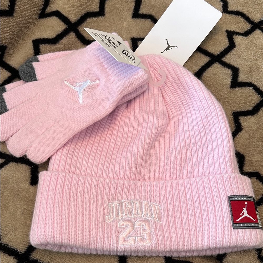 NWT Jordan JD 23 Jersey Beanie and Gloves Set soft pink color  youth / female